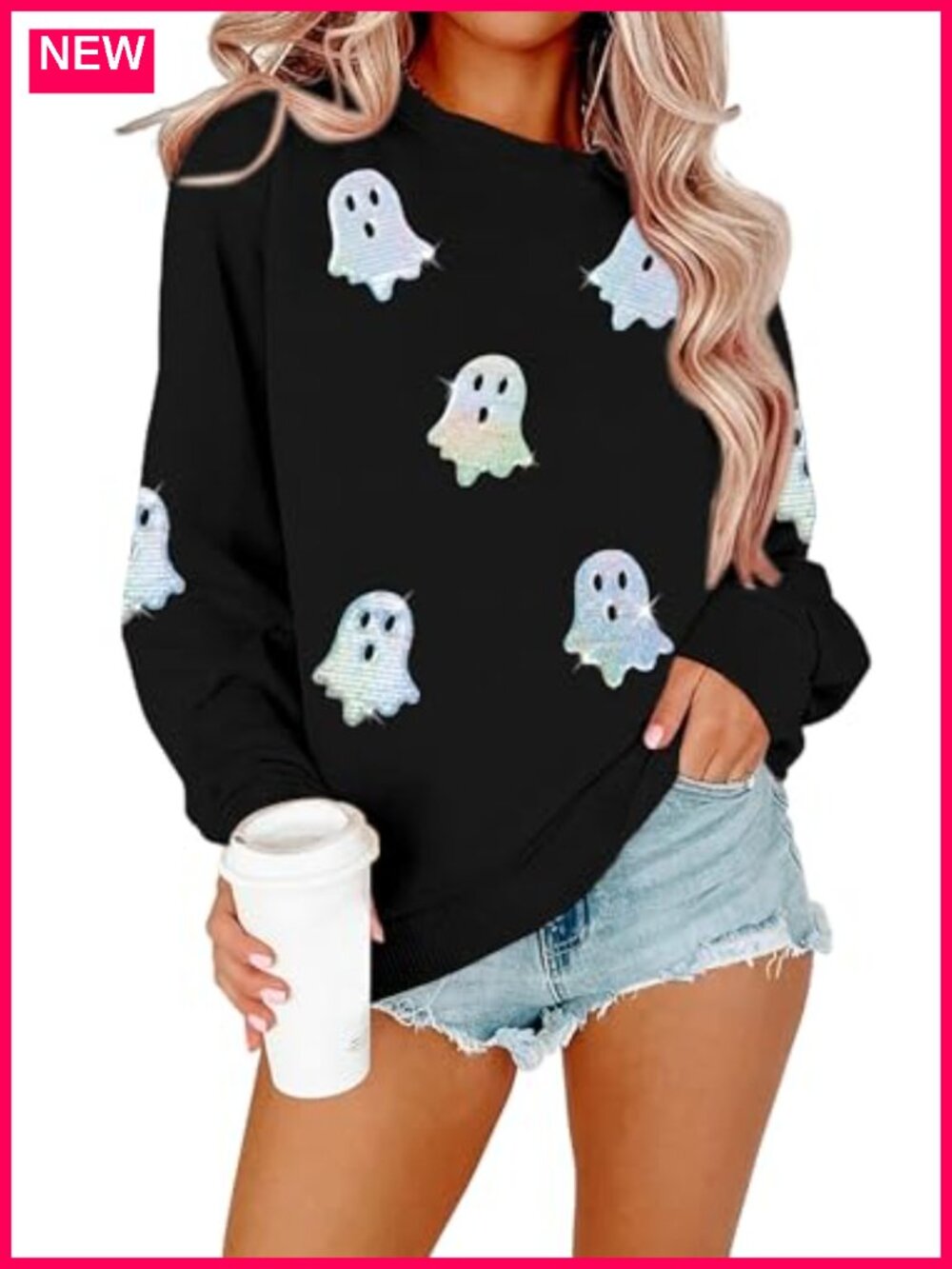 Sequin Ghost Graphic Pullover Sweatshirt Long Sleeve Halloween Crewneck Top